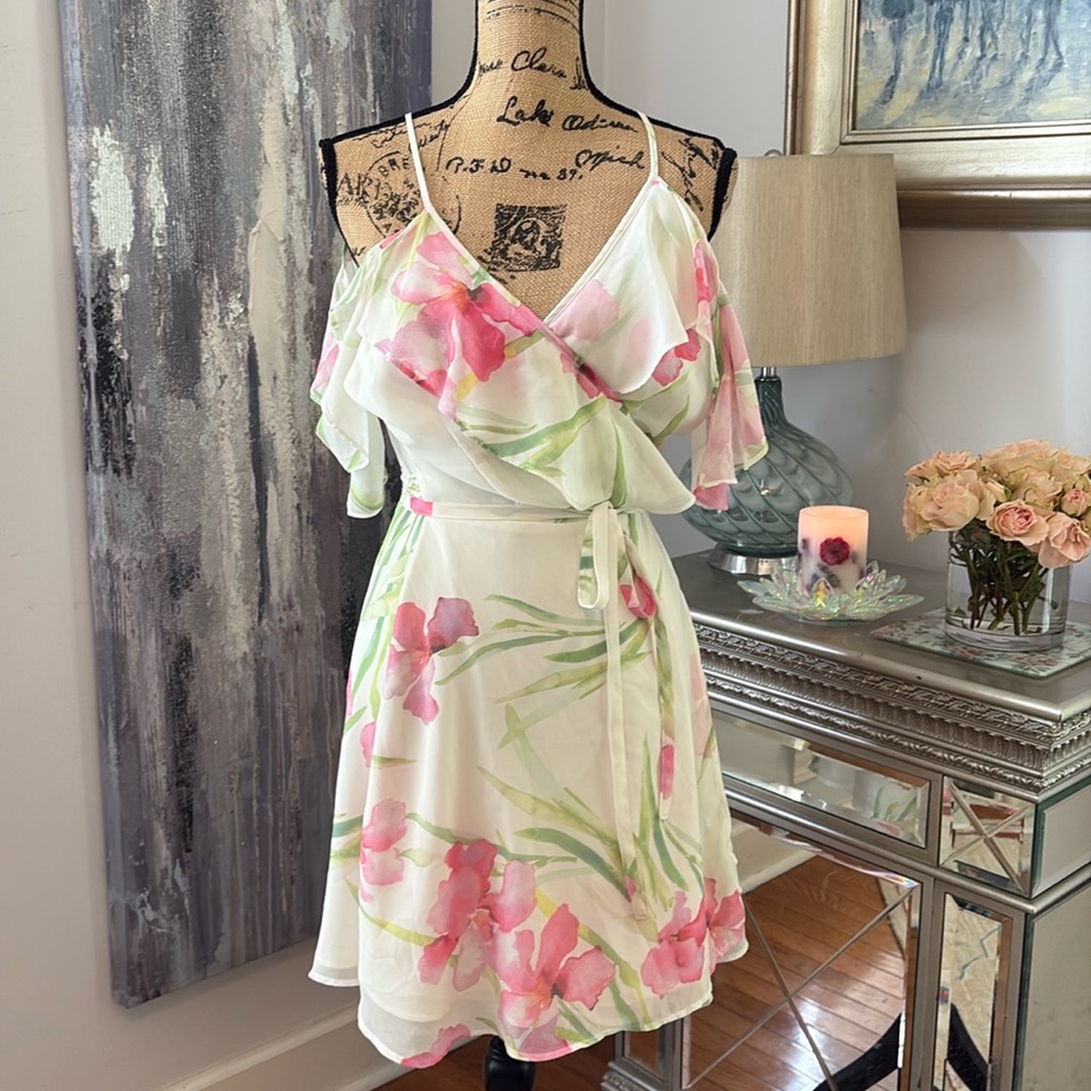 YUMI KIM Revolve Designer floral wrap summer sundress cruise white pink green L